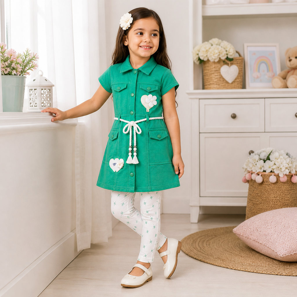 Mama Hug Girls Premium Tunic & Leggings Set | Cute Flower Pocket Co-Ord Dress Set for Girls (4–7 Years)