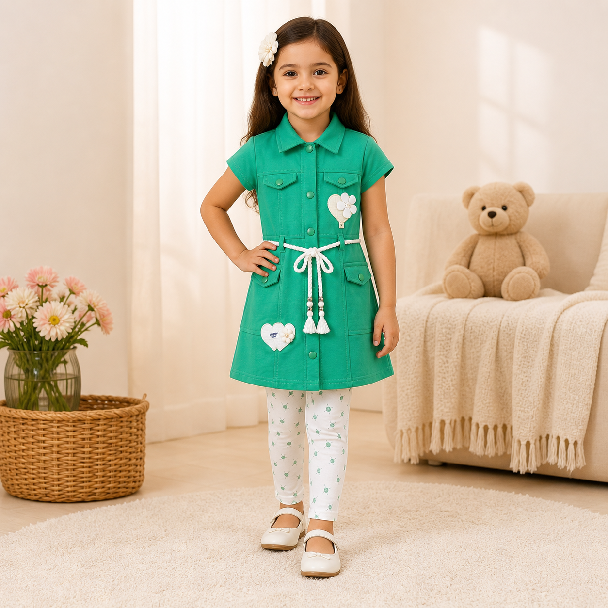 Mama Hug Girls Premium Tunic & Leggings Set | Cute Flower Pocket Co-Ord Dress Set for Girls (4–7 Years)