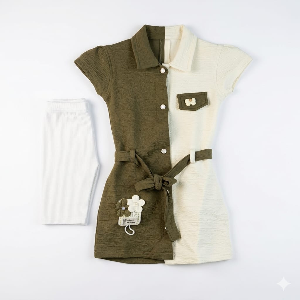 Mama Hug Girls Cotton Shirt Dress with Legging Set | Summer Co-Ord Outfit | Soft & Stylish | 4–6 Years (Green)