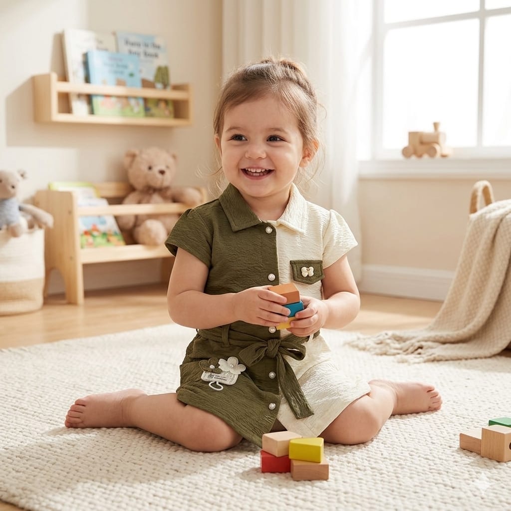Mama Hug Girls Cotton Shirt Dress with Legging Set | Summer Co-Ord Outfit | Soft & Stylish | 4–6 Years (Green)