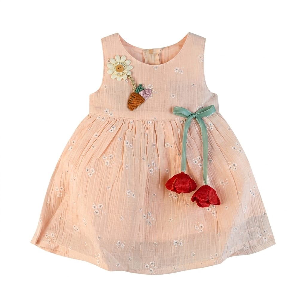 Mama Hug Baby Girls Floral Sleeveless Cotton Dress | Soft Summer Party Peach Frock for 1-2 Years