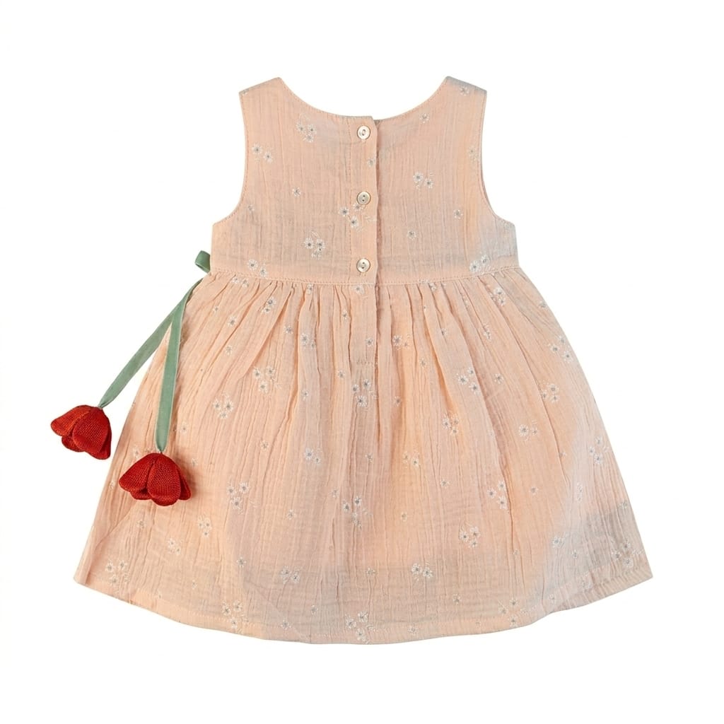 Mama Hug Baby Girls Floral Sleeveless Cotton Dress | Soft Summer Party Peach Frock for 1-2 Years