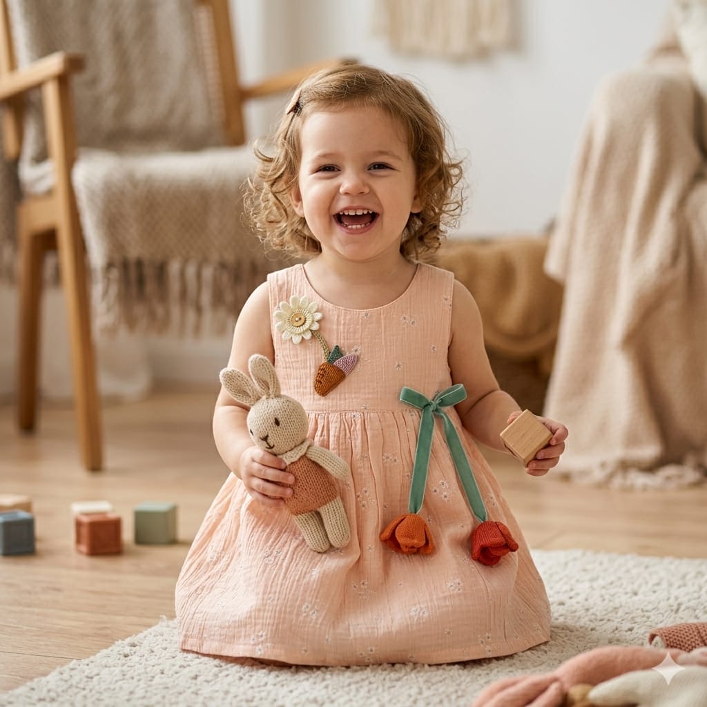 Mama Hug Baby Girls Floral Sleeveless Cotton Dress | Soft Summer Party Peach Frock for 1-2 Years