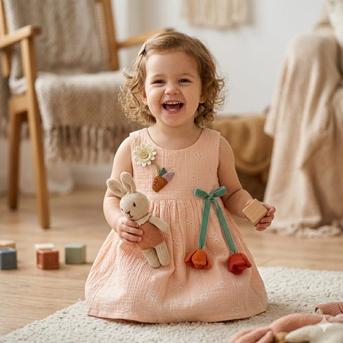 Mama Hug Baby Girls Floral Sleeveless Cotton Dress | Soft Summer Party Peach Frock for 1-2 Years