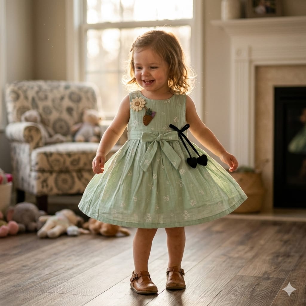 Mama Hug Baby Girls Floral Sleeveless Cotton Dress | Soft Summer Party Green Frock for 1-2 Years