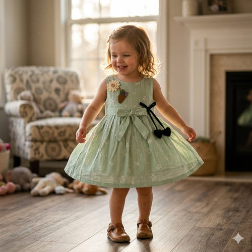 Mama Hug Baby Girls Floral Sleeveless Cotton Dress | Soft Summer Party Green Frock for 1-2 Years