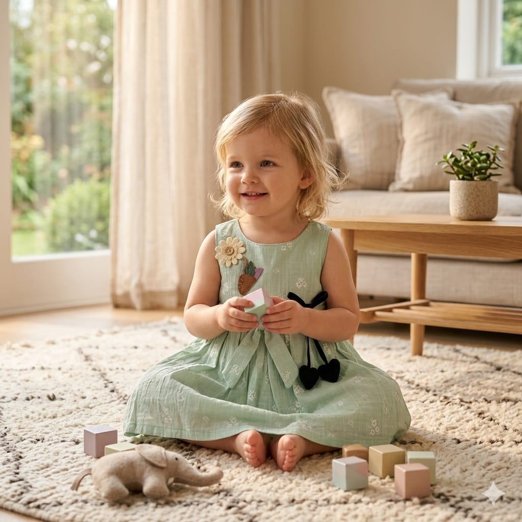 Mama Hug Baby Girls Floral Sleeveless Cotton Dress | Soft Summer Party Green Frock for 1-2 Years