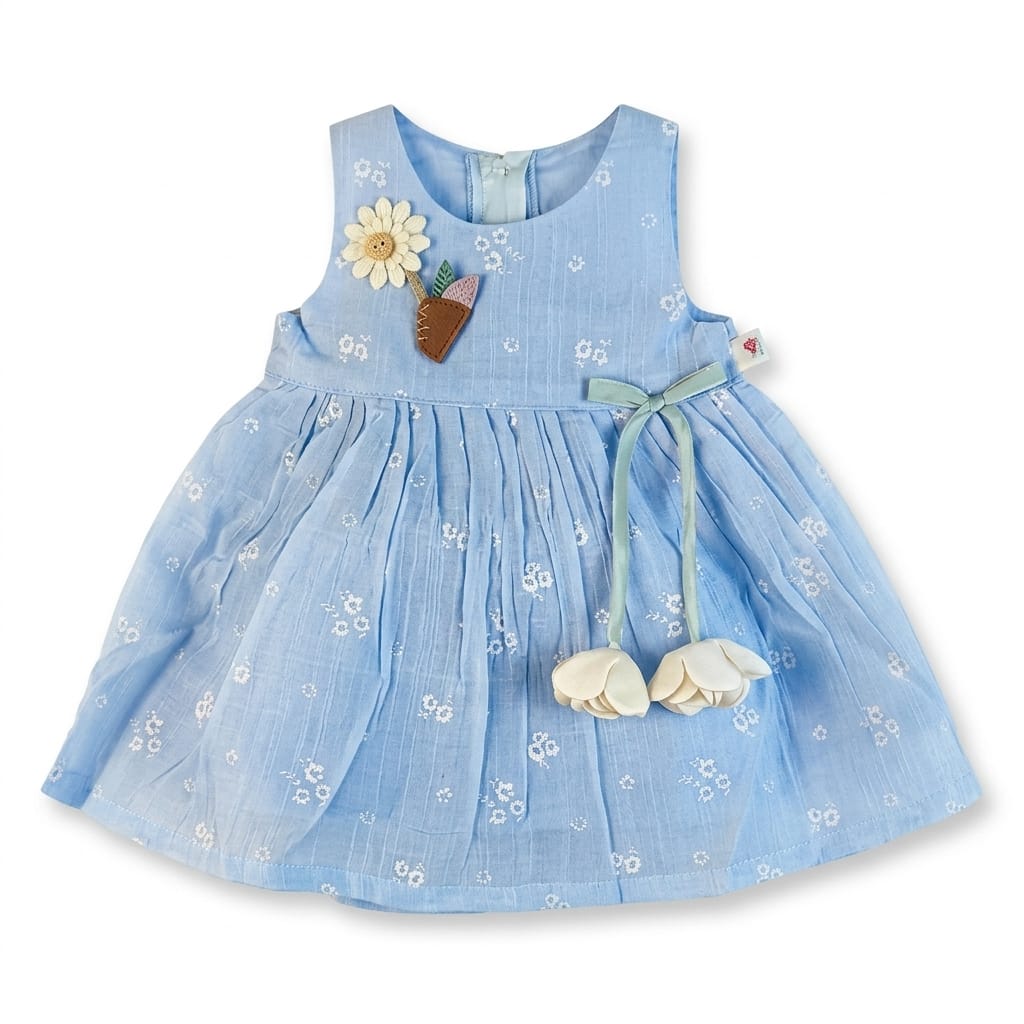 Mama Hug Baby Girls Floral Sleeveless Cotton Dress | Soft Summer Party Blue Frock for 1-2 Years
