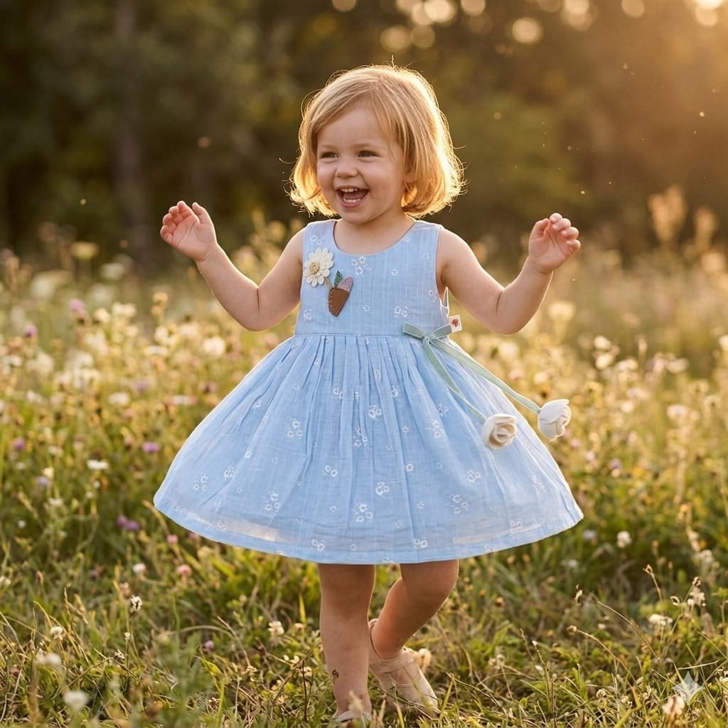 Mama Hug Baby Girls Floral Sleeveless Cotton Dress | Soft Summer Party Blue Frock for 1-2 Years