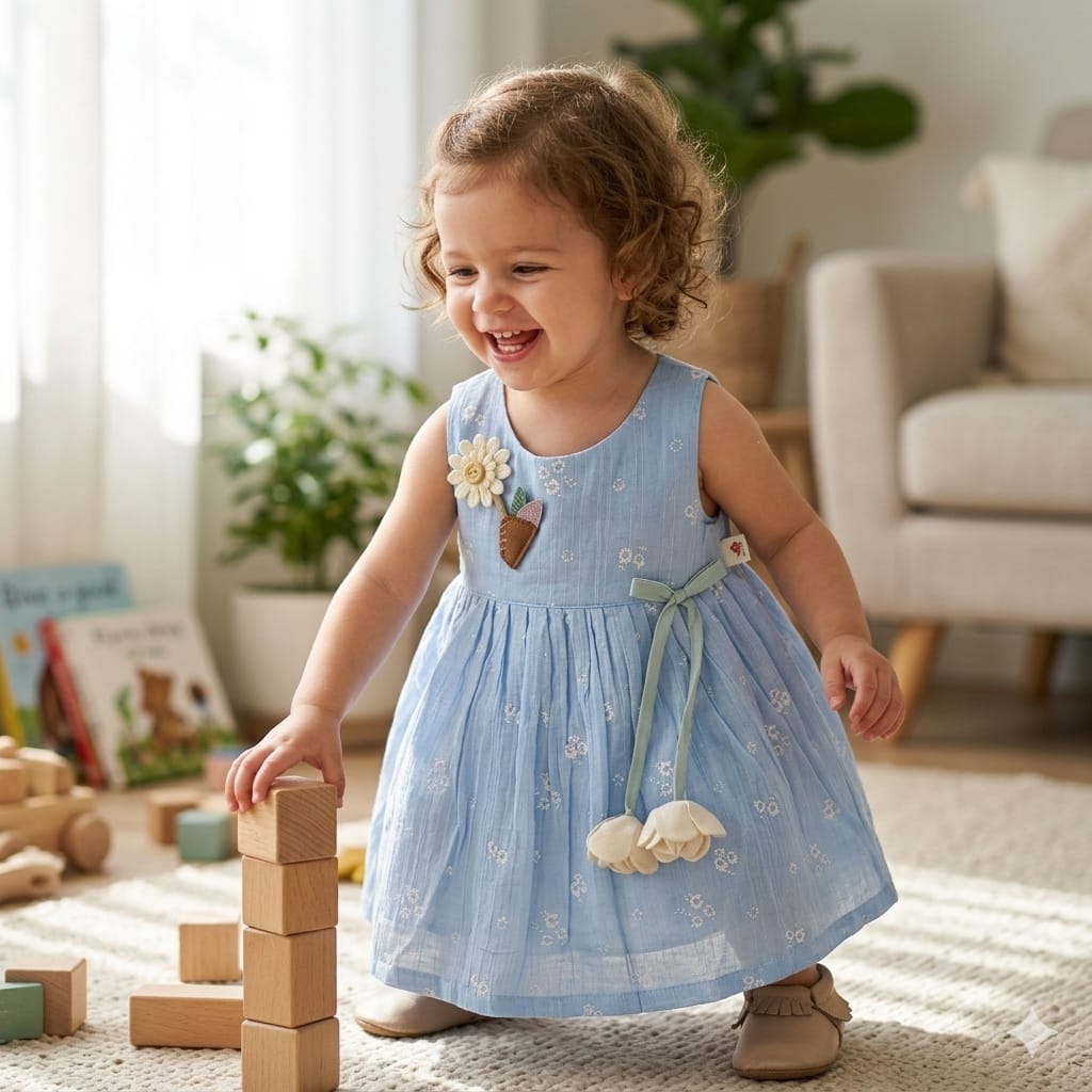 Mama Hug Baby Girls Floral Sleeveless Cotton Dress | Soft Summer Party Blue Frock for 1-2 Years