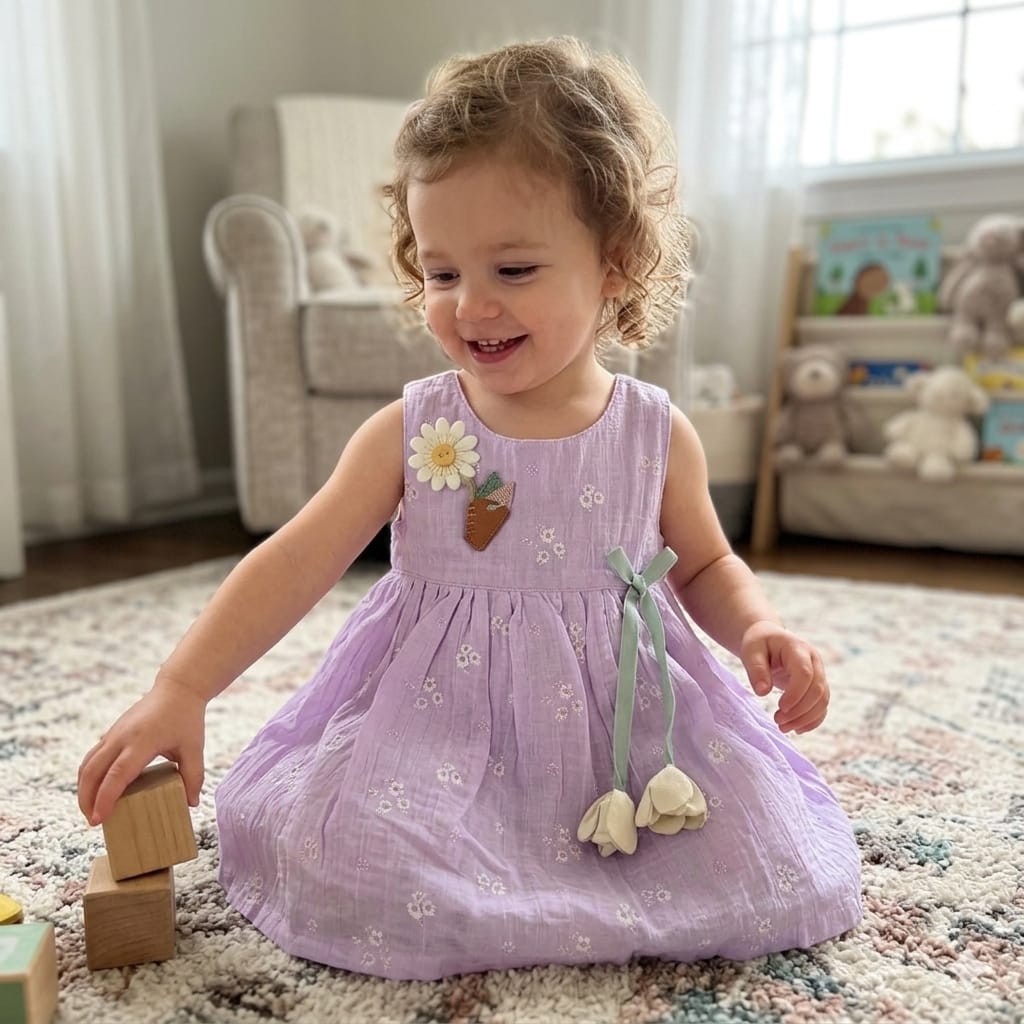 Mama Hug Baby Girls Floral Sleeveless Cotton Dress | Soft Summer Party Lavender Frock for 1-2 Years