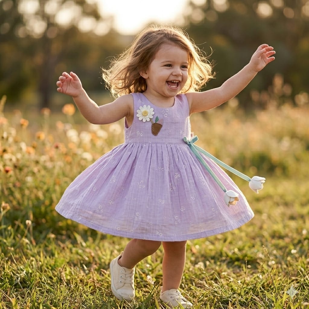 Mama Hug Baby Girls Floral Sleeveless Cotton Dress | Soft Summer Party Lavender Frock for 1-2 Years