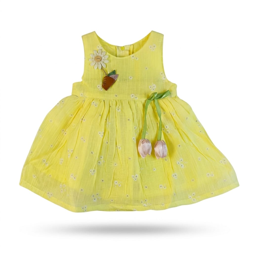 Mama Hug Baby Girls Floral Sleeveless Cotton Dress | Soft Summer Party Yellow Frock for 1-2 Years