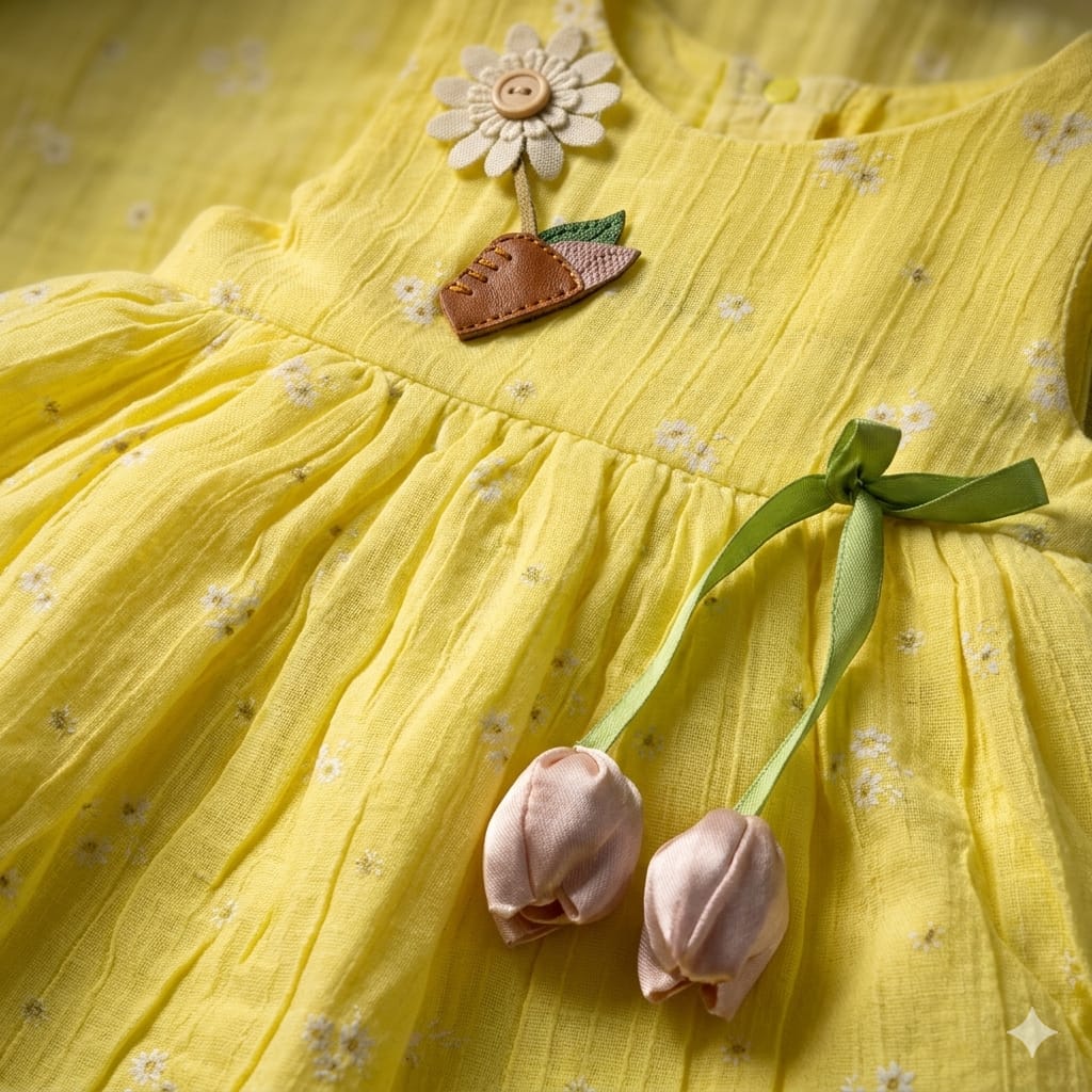 Mama Hug Baby Girls Floral Sleeveless Cotton Dress | Soft Summer Party Yellow Frock for 1-2 Years