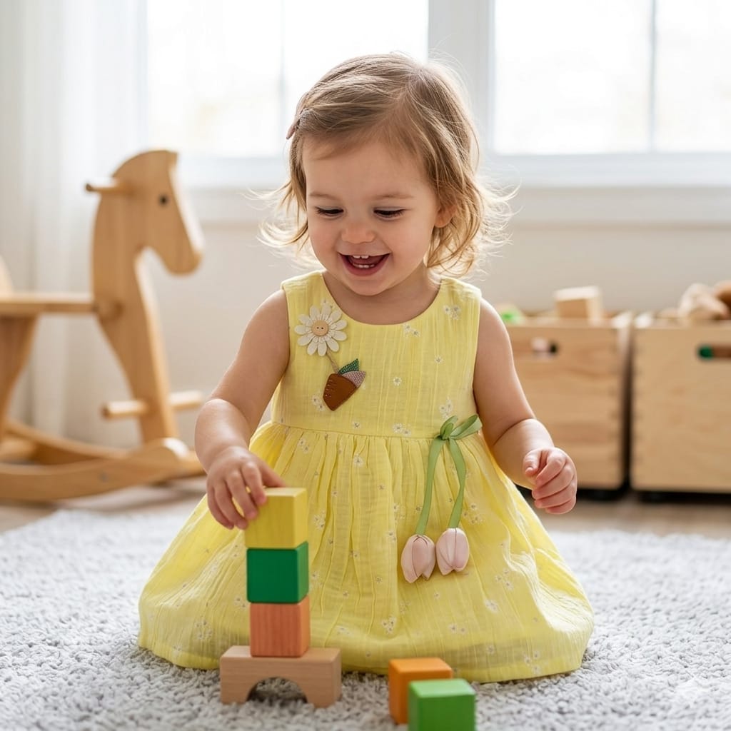 Mama Hug Baby Girls Floral Sleeveless Cotton Dress | Soft Summer Party Yellow Frock for 1-2 Years