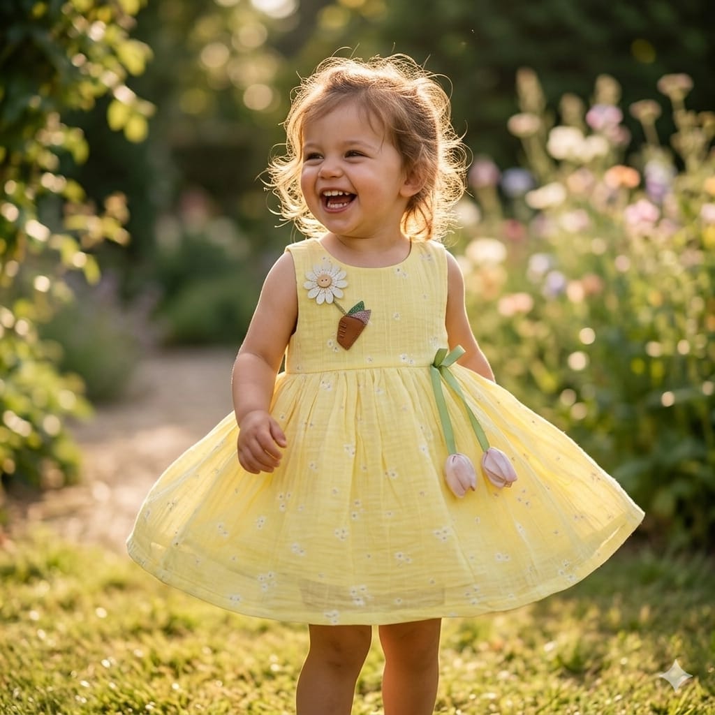 Mama Hug Baby Girls Floral Sleeveless Cotton Dress | Soft Summer Party Yellow Frock for 1-2 Years