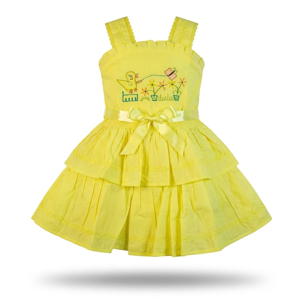 Mama Hug Girls Layered Daily Wear | Breathable Cotton Sleeveless Yellow Fancy Frock with Bow for Girls 1-7 Years