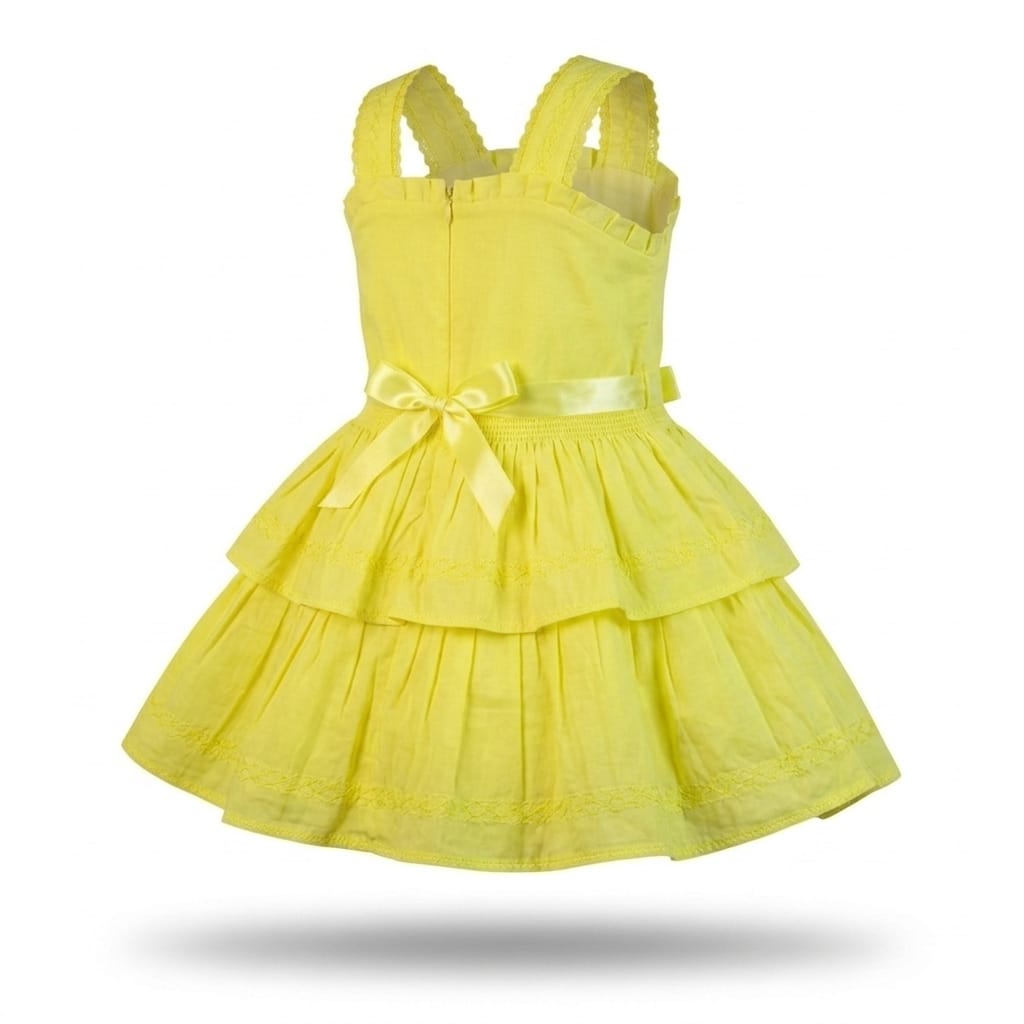 Mama Hug Girls Layered Daily Wear | Breathable Cotton Sleeveless Yellow Fancy Frock with Bow for Girls 1-7 Years