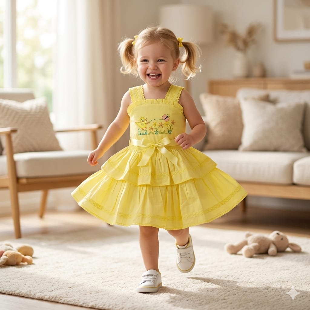 Mama Hug Girls Layered Daily Wear | Breathable Cotton Sleeveless Yellow Fancy Frock with Bow for Girls 1-7 Years