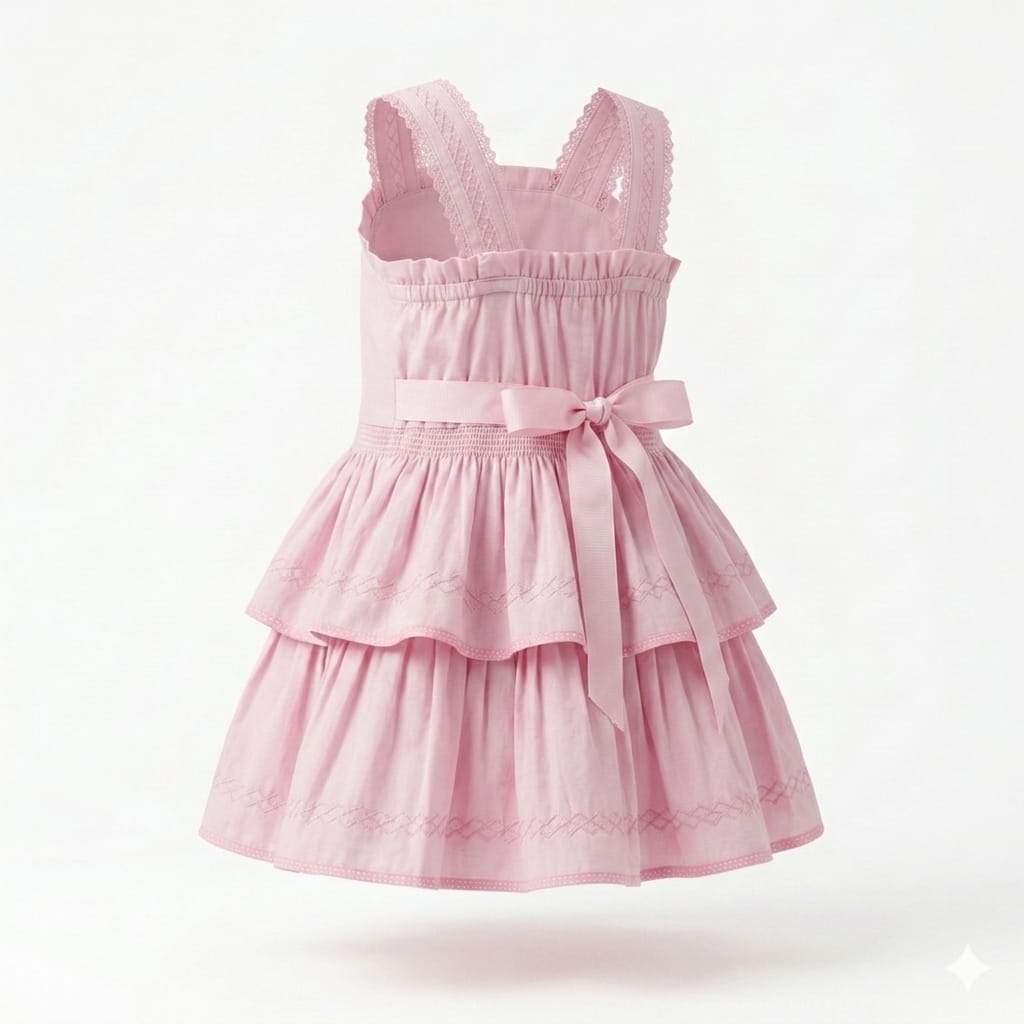 Mama Hug Girls Layered Daily Wear | Breathable Cotton Sleeveless Pink Fancy Frock with Bow for Girls 1-7 Years
