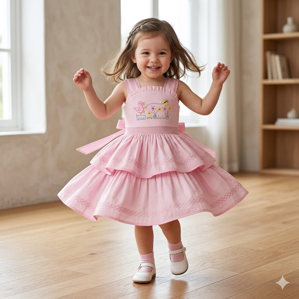 Mama Hug Girls Layered Daily Wear | Breathable Cotton Sleeveless Pink Fancy Frock with Bow for Girls 1-7 Years