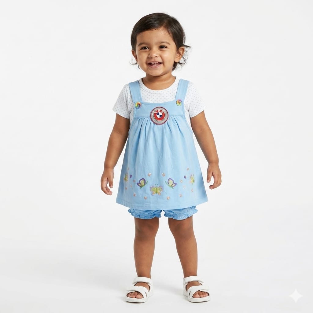 Baby Girl Butterfly Dungaree Dress Set with Bloomer | Soft Cotton Toddler Outfit (1-2 Years)