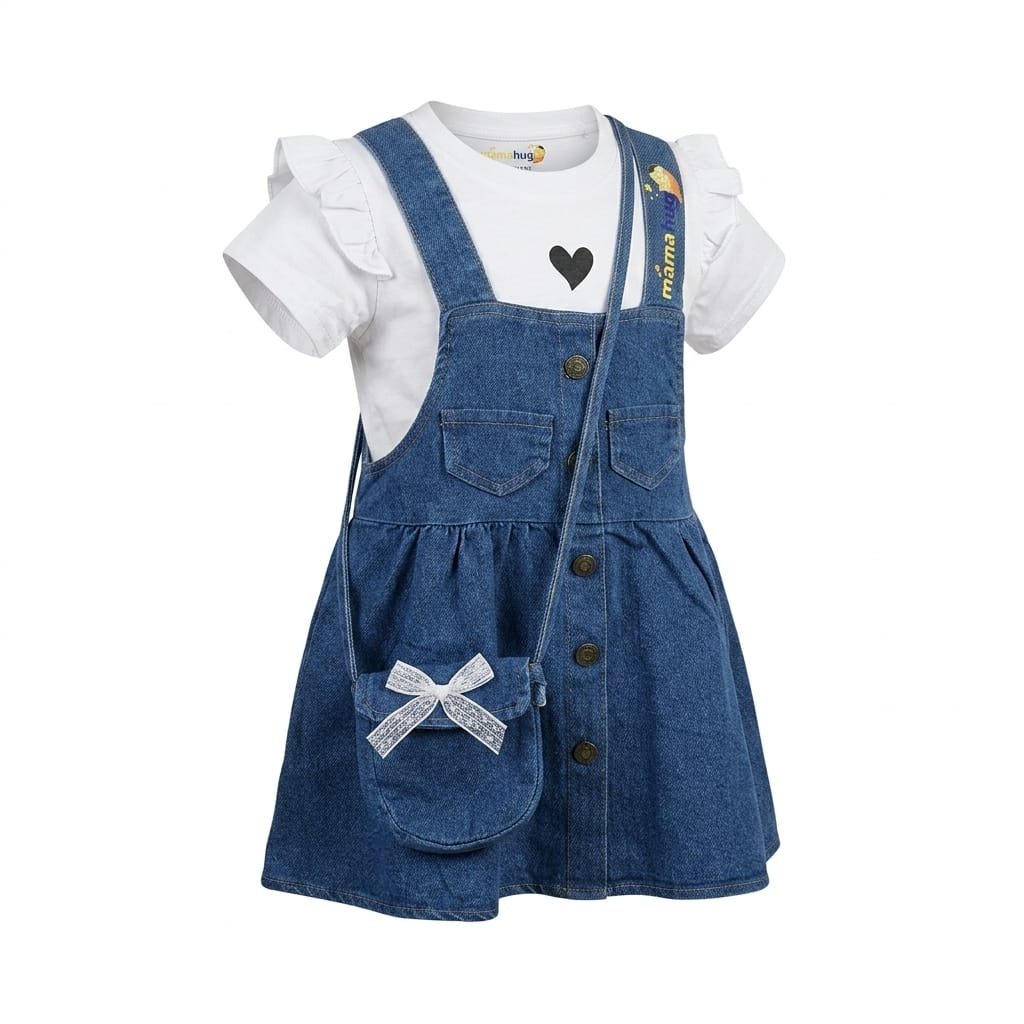 Girls Denim Pinafore Dress with T-Shirt & Mini Sling Bag | Stylish Outfit Set (3-7 Years)