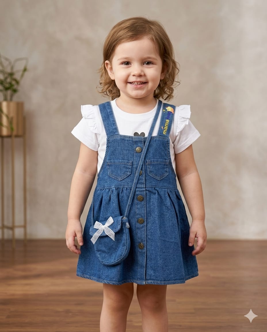 Girls Denim Pinafore Dress with T-Shirt & Mini Sling Bag | Stylish Outfit Set (3-7 Years)