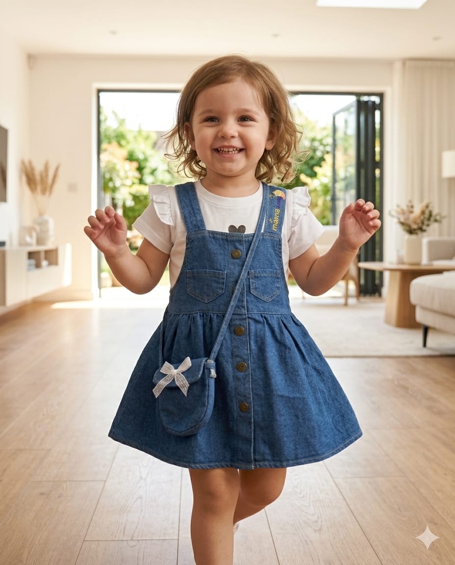 Girls Denim Pinafore Dress with T-Shirt & Mini Sling Bag | Stylish Outfit Set (3-7 Years)