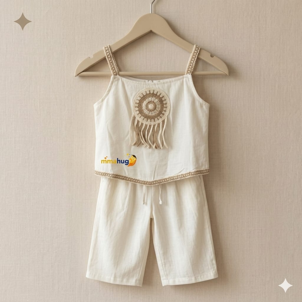 Girls Boho Cotton Co-Ord Set with Crochet Detail | Premium Summer Outfit (2-7 Years)
