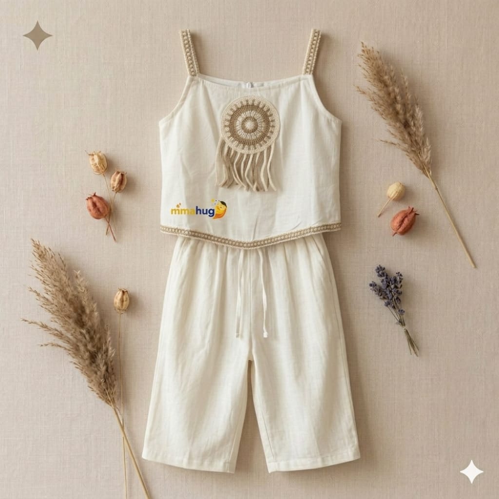 Girls Boho Cotton Co-Ord Set with Crochet Detail | Premium Summer Outfit (2-7 Years)
