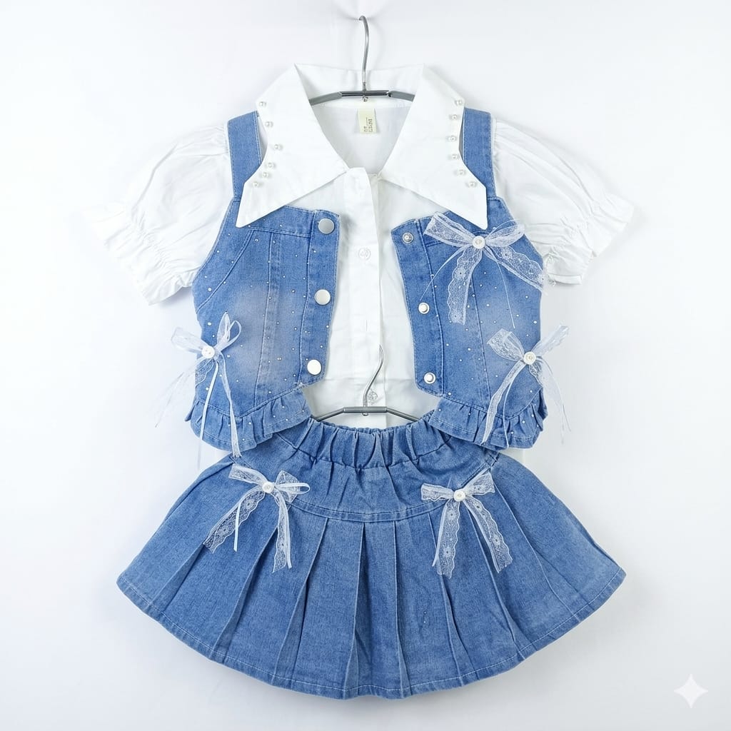 Mama Hug Girls Premium 3 Piece Denim Skirt Set with Pearl Collar & Bow Detail | Party Wear Outfit