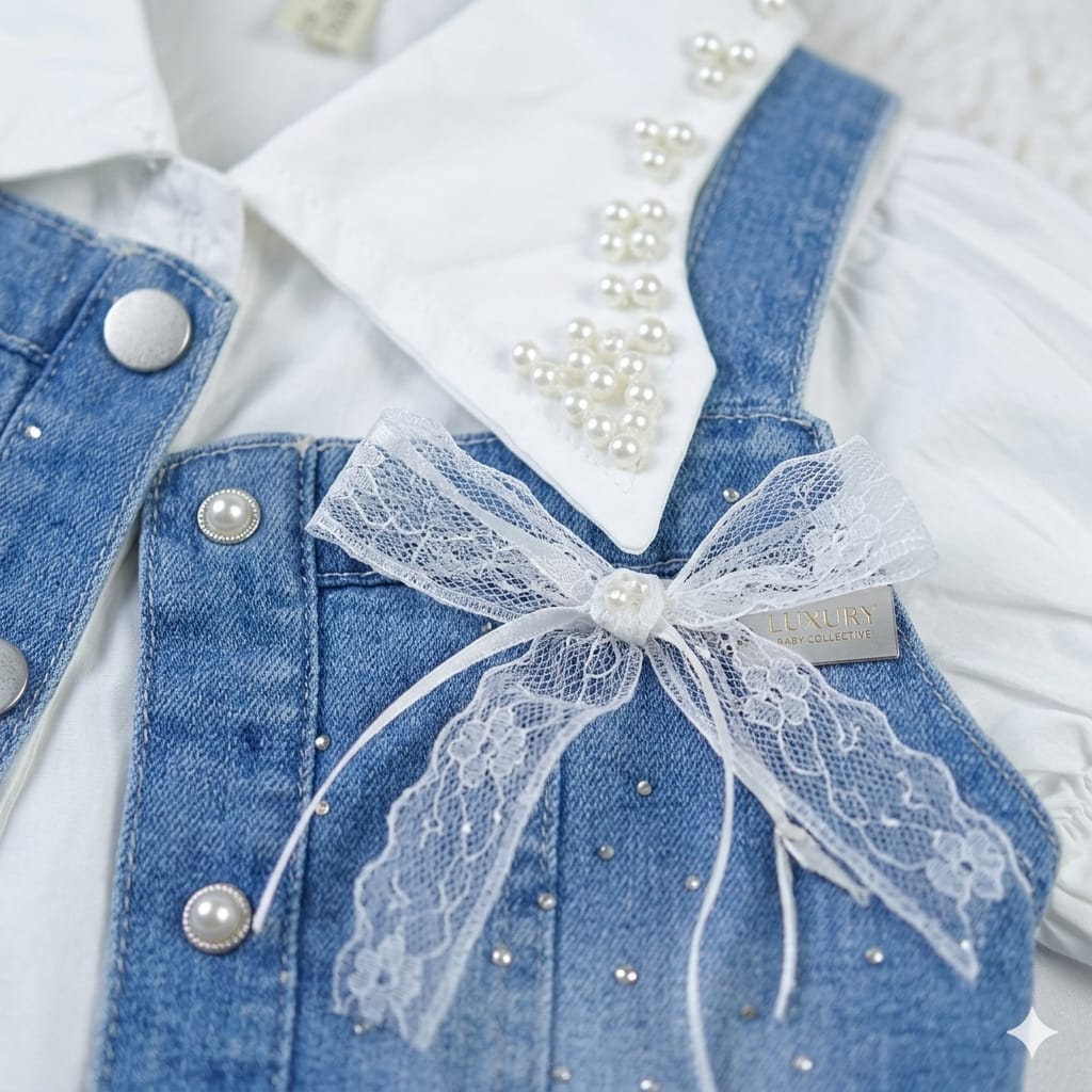 Mama Hug Girls Premium 3 Piece Denim Skirt Set with Pearl Collar & Bow Detail | Party Wear Outfit