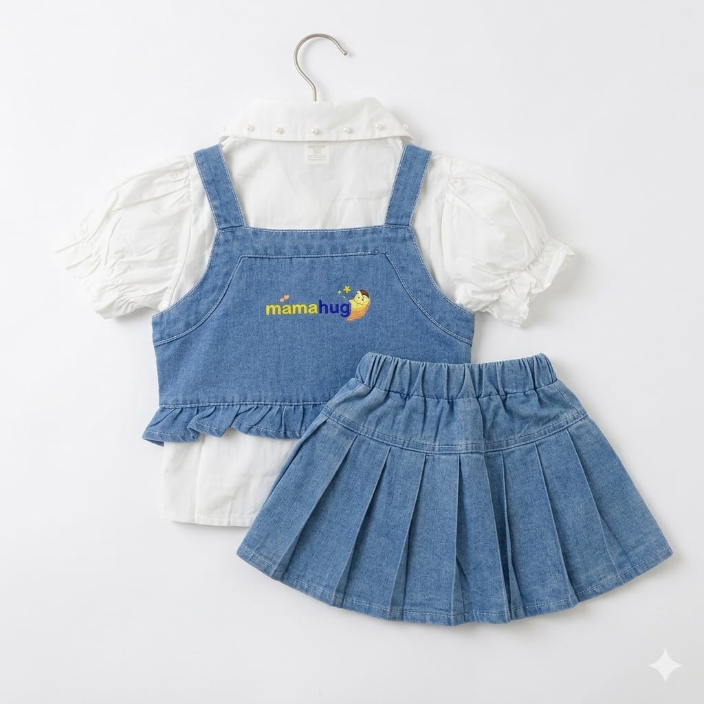 Mama Hug Girls Premium 3 Piece Denim Skirt Set with Pearl Collar & Bow Detail | Party Wear Outfit
