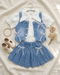 Mama Hug Girls Premium 3 Piece Denim Skirt Set with Pearl Collar & Bow Detail | Party Wear Outfit