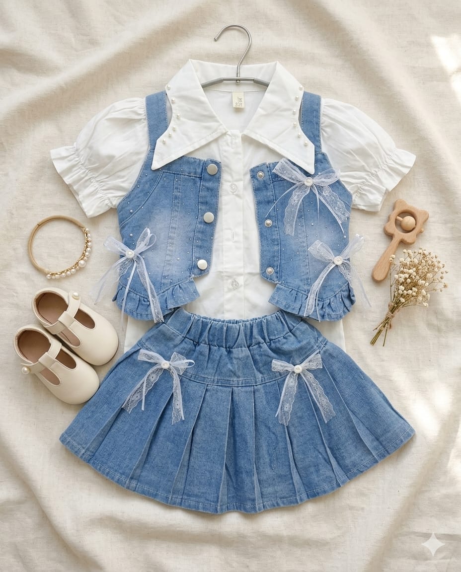 Mama Hug Girls Premium 3 Piece Denim Skirt Set with Pearl Collar & Bow Detail | Party Wear Outfit