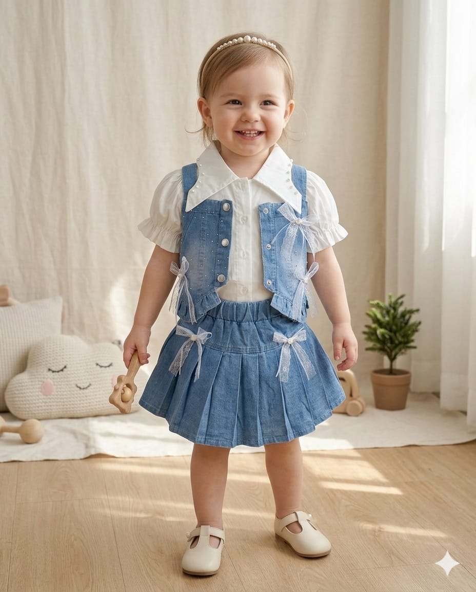 Mama Hug Girls Premium 3 Piece Denim Skirt Set with Pearl Collar & Bow Detail | Party Wear Outfit