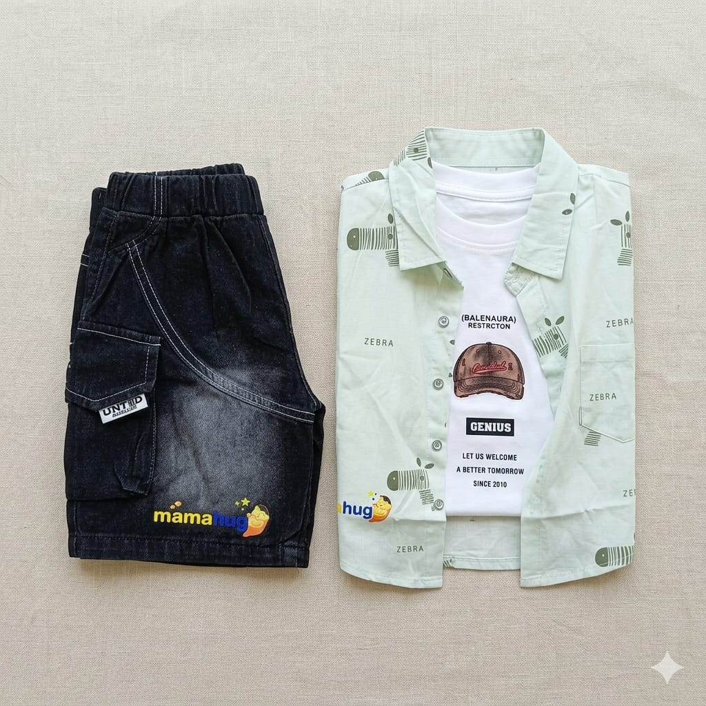 Mama Hug Boys 3 Piece Summer Clothing Set | Printed Shirt, Sleeveless T-Shirt & Denim Shorts for Kids