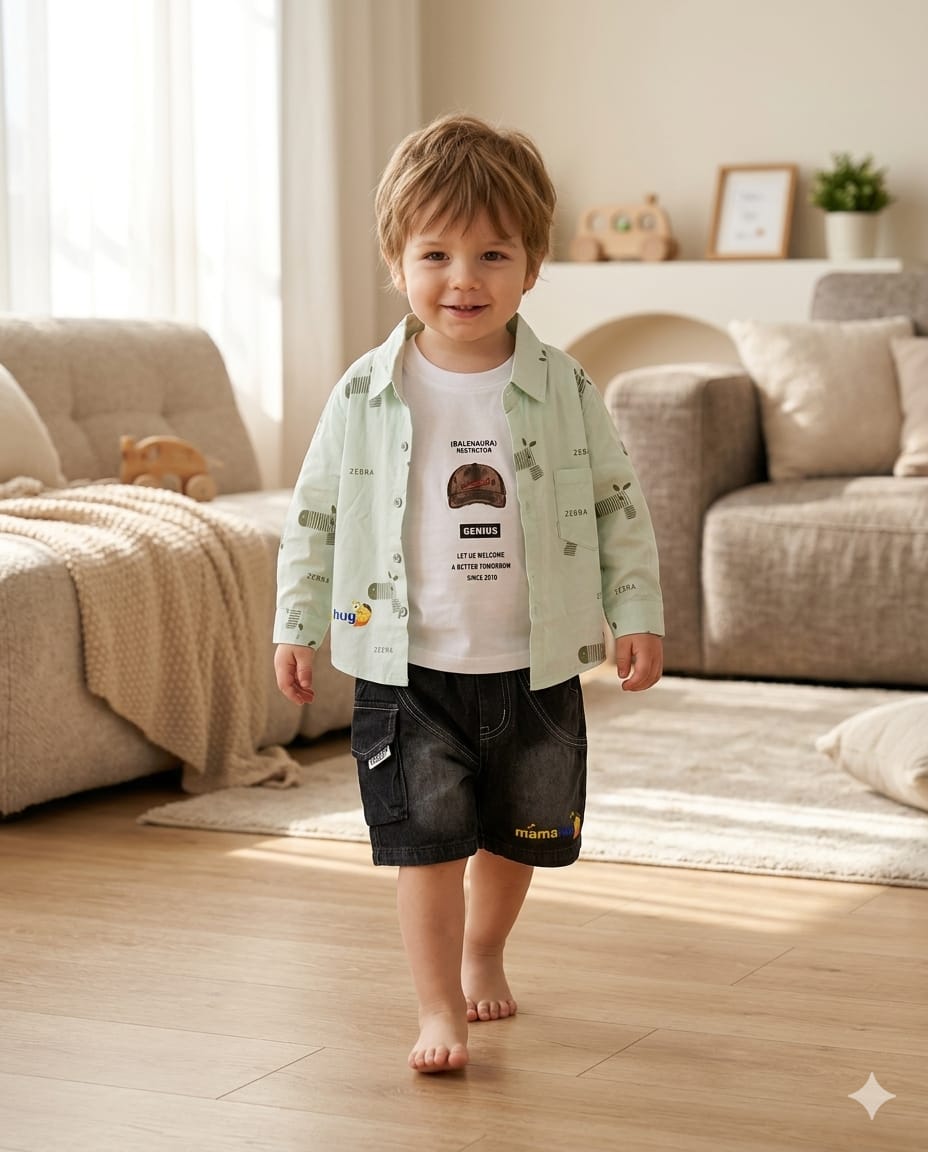 Mama Hug Boys 3 Piece Summer Clothing Set | Printed Shirt, Sleeveless T-Shirt & Denim Shorts for Kids