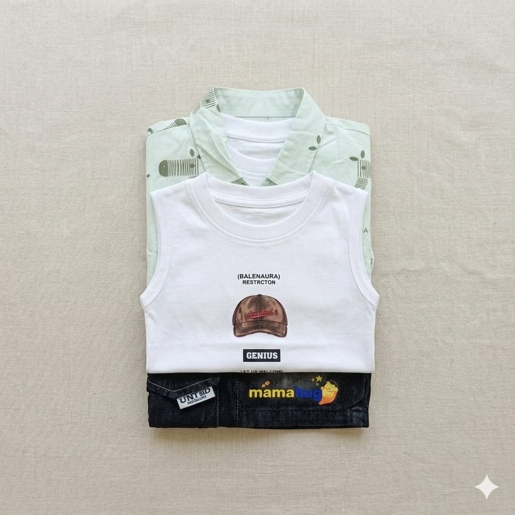 Mama Hug Boys 3 Piece Summer Clothing Set | Printed Shirt, Sleeveless T-Shirt & Denim Shorts for Kids