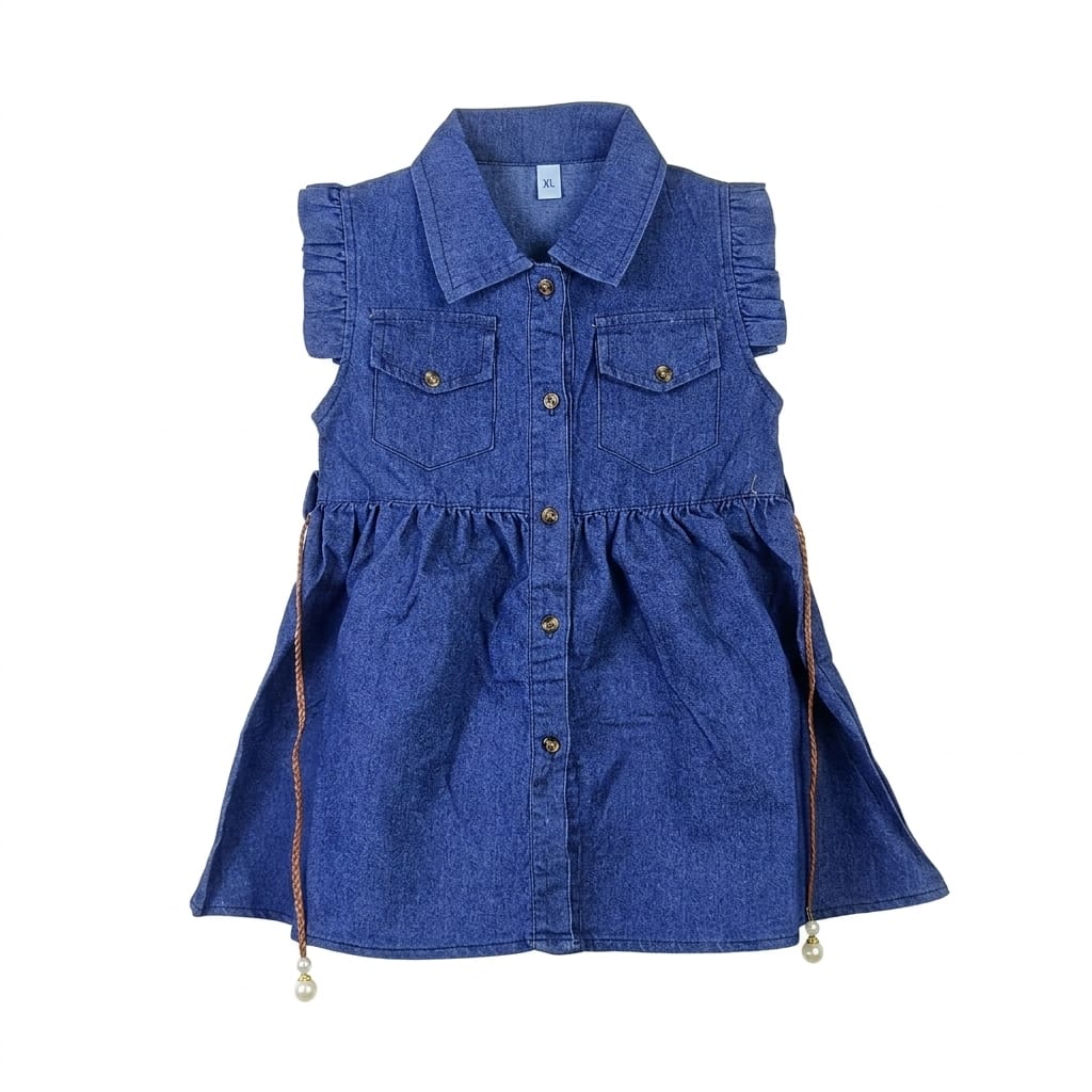 Mama Hug Girls' Ruffle-Sleeve Denim Dress with Pearl-Tipped Belt
