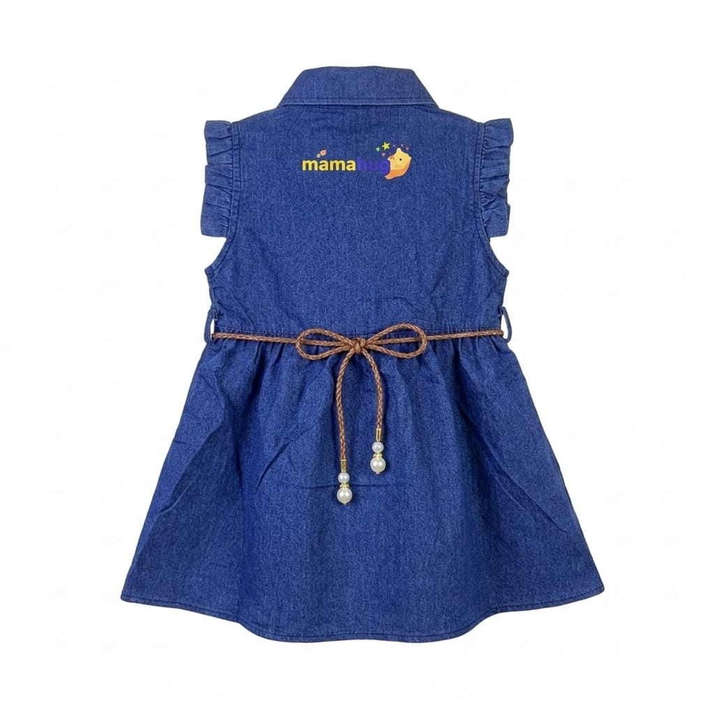 Mama Hug Girls' Ruffle-Sleeve Denim Dress with Pearl-Tipped Belt