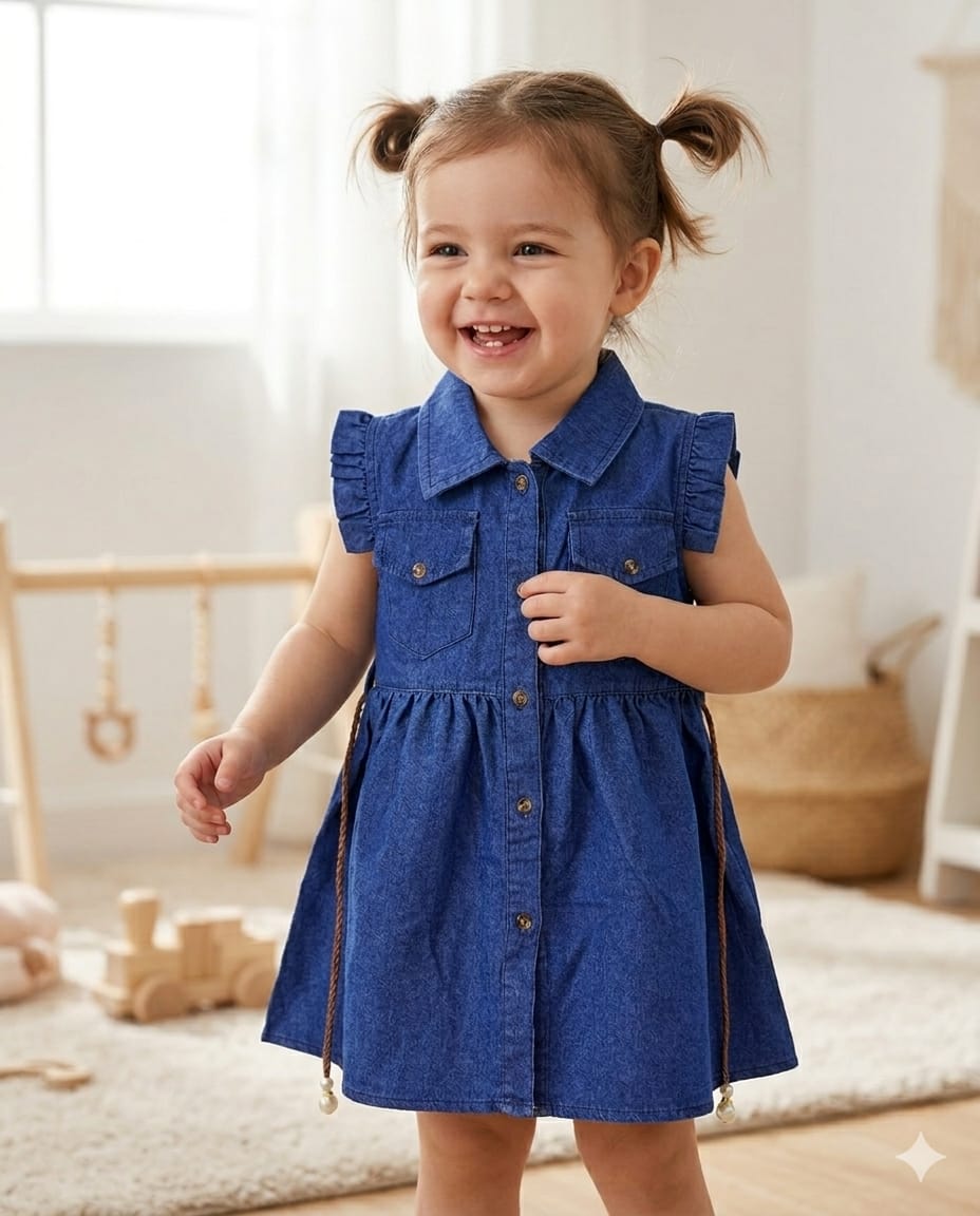 Mama Hug Girls' Ruffle-Sleeve Denim Dress with Pearl-Tipped Belt