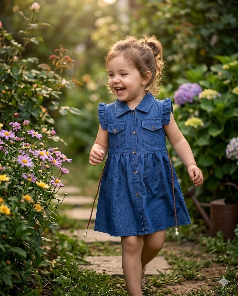 Mama Hug Girls' Ruffle-Sleeve Denim Dress with Pearl-Tipped Belt