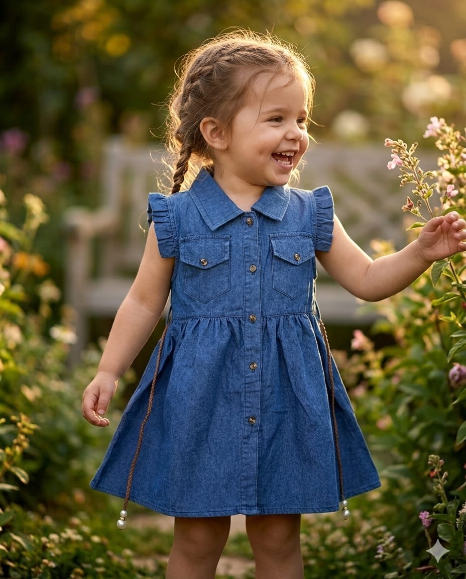 Mama Hug Girls' Ruffle-Sleeve Denim Dress with Pearl-Tipped Belt