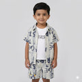 Mama Hug Boys 3 Piece Summer Co-ord Set | Printed Shirt + Sleeveless T-Shirt + Shorts Set for Kids