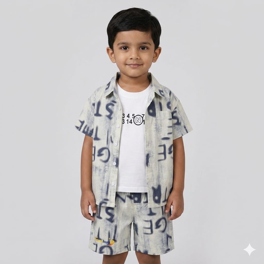 Mama Hug Boys 3 Piece Summer Co-ord Set | Printed Shirt + Sleeveless T-Shirt + Shorts Set for Kids