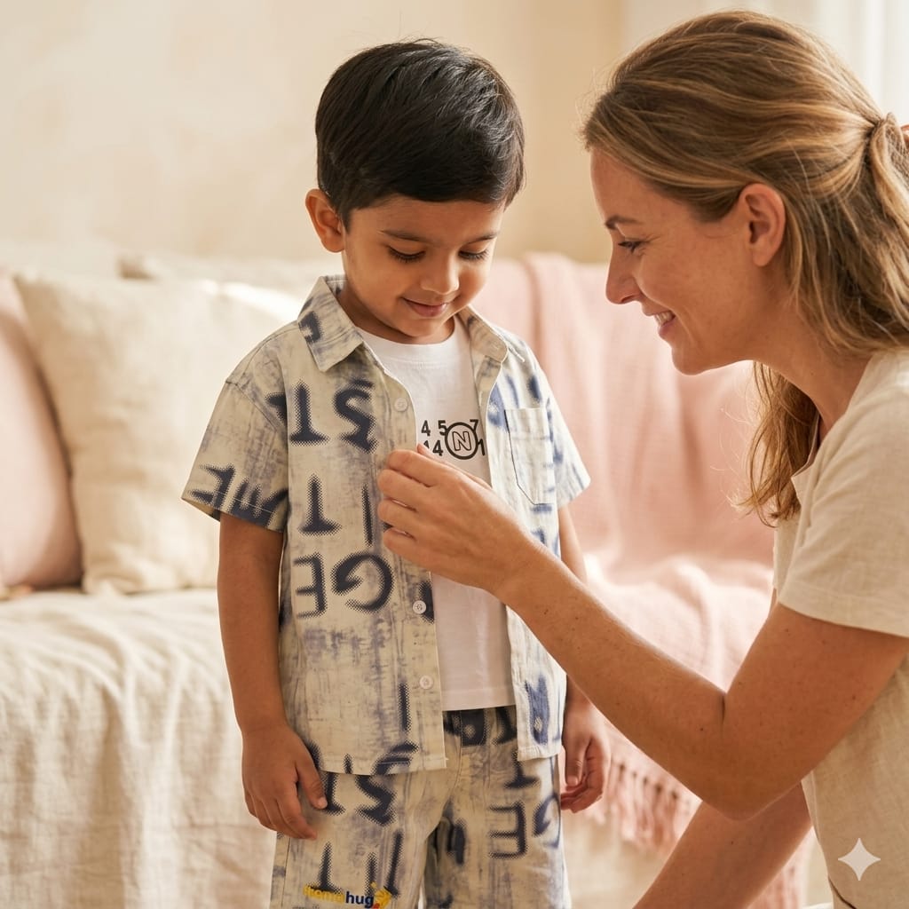 Mama Hug Boys 3 Piece Summer Co-ord Set | Printed Shirt + Sleeveless T-Shirt + Shorts Set for Kids