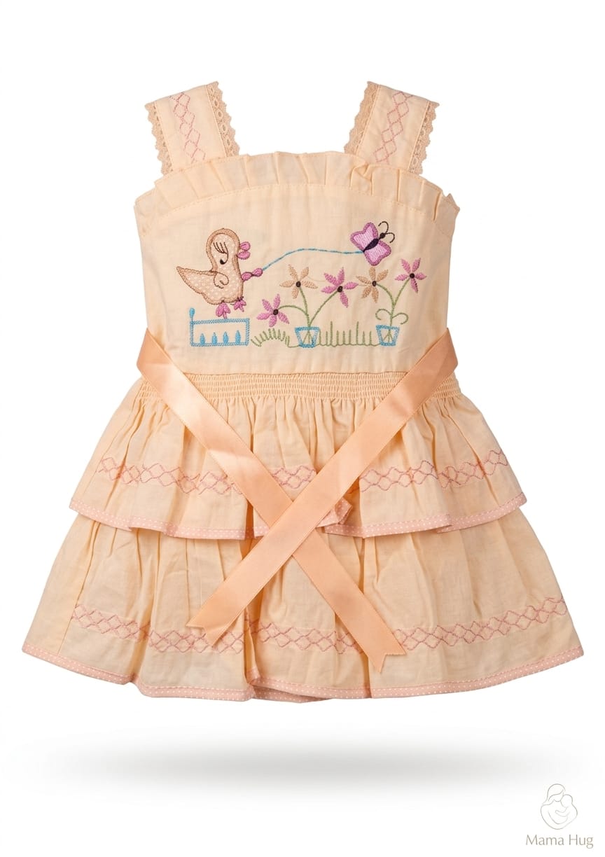 Mama Hug Girls Layered Daily Wear Dress | Sleeveless Peach Fancy Frock with Bow for Kids 1-7 Years