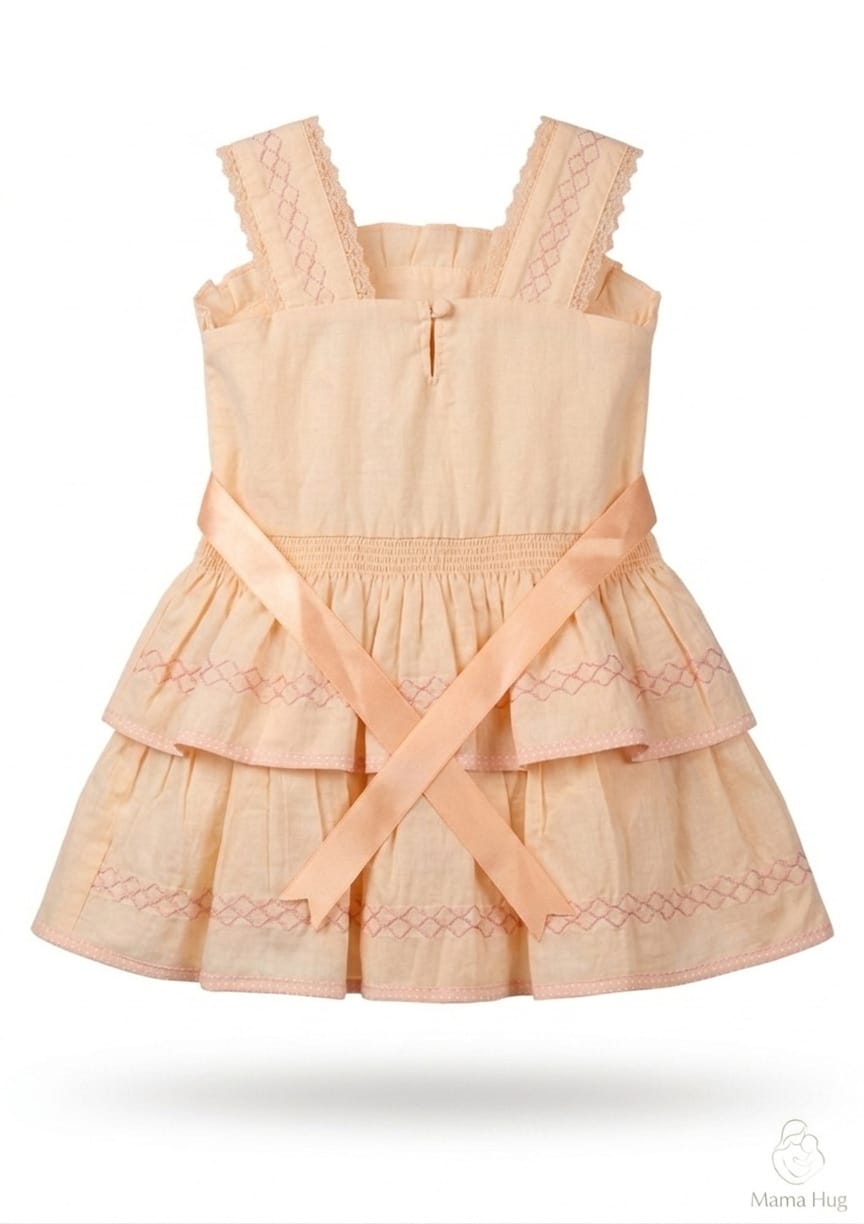 Mama Hug Girls Layered Daily Wear Dress | Sleeveless Peach Fancy Frock with Bow for Kids 1-7 Years